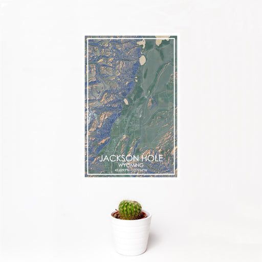 12x18 Jackson Hole Wyoming Map Print Portrait Orientation in Afternoon Style With Small Cactus Plant in White Planter