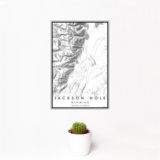 12x18 Jackson Hole Wyoming Map Print Portrait Orientation in Classic Style With Small Cactus Plant in White Planter