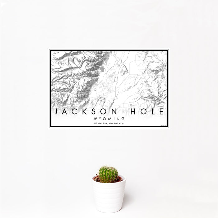 12x18 Jackson Hole Wyoming Map Print Landscape Orientation in Classic Style With Small Cactus Plant in White Planter