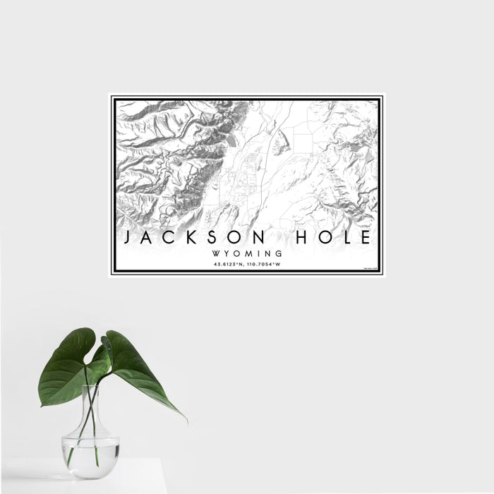 16x24 Jackson Hole Wyoming Map Print Landscape Orientation in Classic Style With Tropical Plant Leaves in Water