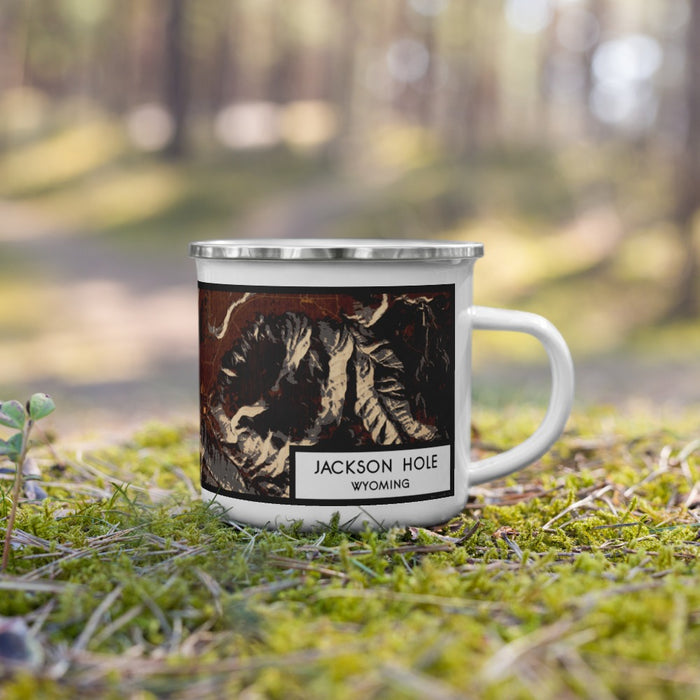 Right View Custom Jackson Hole Wyoming Map Enamel Mug in Ember on Grass With Trees in Background