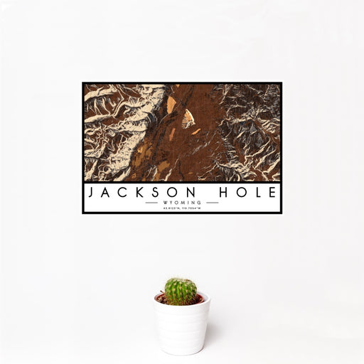 12x18 Jackson Hole Wyoming Map Print Landscape Orientation in Ember Style With Small Cactus Plant in White Planter