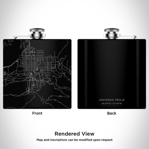 Rendered View of Jackson Hole Wyoming Map Engraving on 6oz Stainless Steel Flask in Black