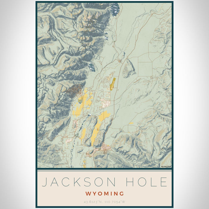 Jackson Hole Wyoming Map Print Portrait Orientation in Woodblock Style With Shaded Background