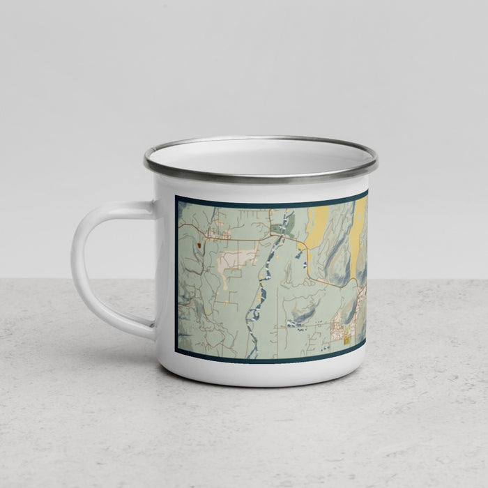 Left View Custom Jackson Hole Wyoming Map Enamel Mug in Woodblock