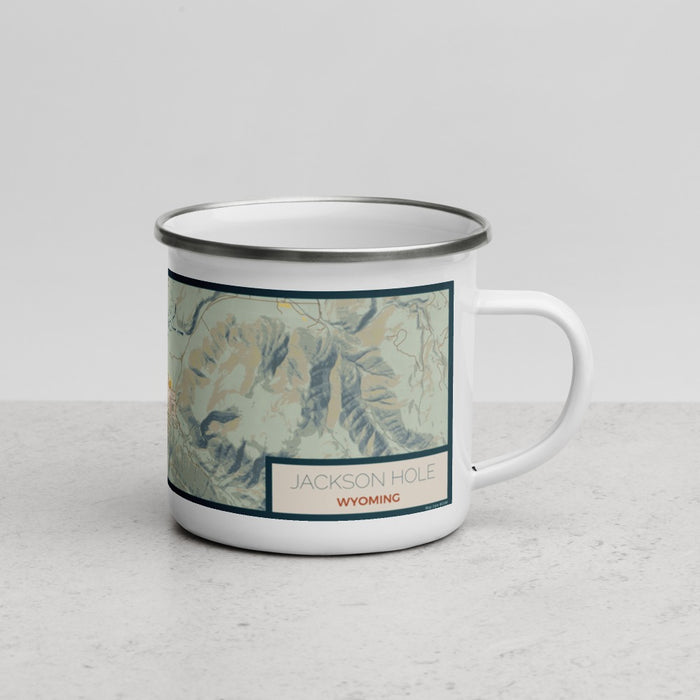 Right View Custom Jackson Hole Wyoming Map Enamel Mug in Woodblock
