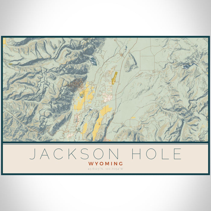 Jackson Hole Wyoming Map Print Landscape Orientation in Woodblock Style With Shaded Background