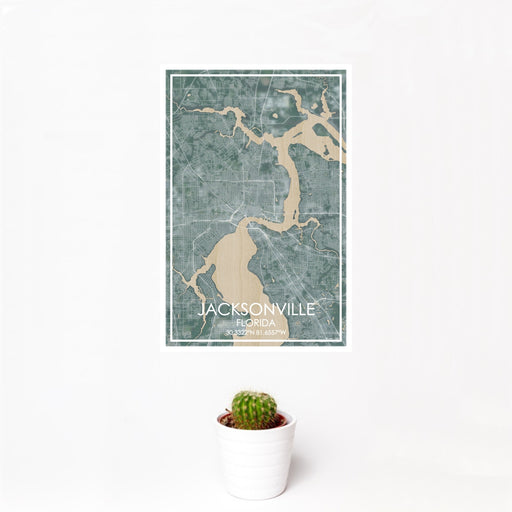 12x18 Jacksonville Florida Map Print Portrait Orientation in Afternoon Style With Small Cactus Plant in White Planter