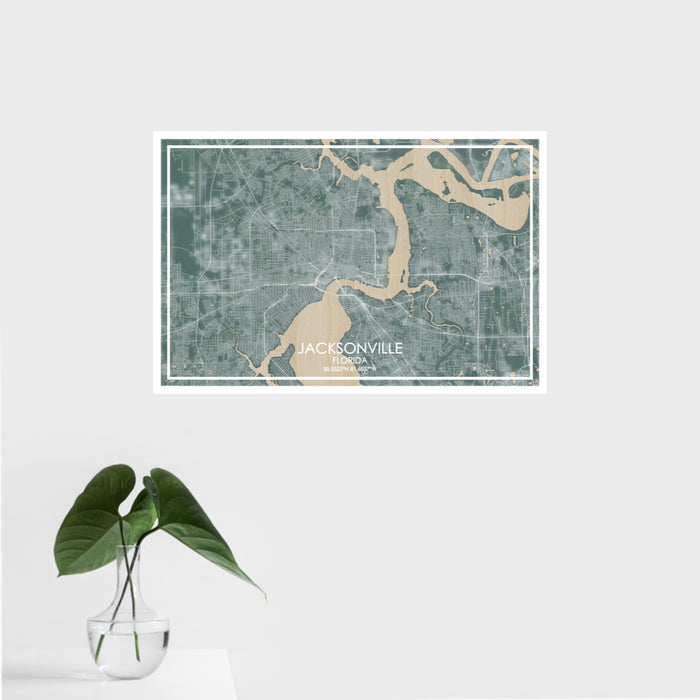 16x24 Jacksonville Florida Map Print Landscape Orientation in Afternoon Style With Tropical Plant Leaves in Water