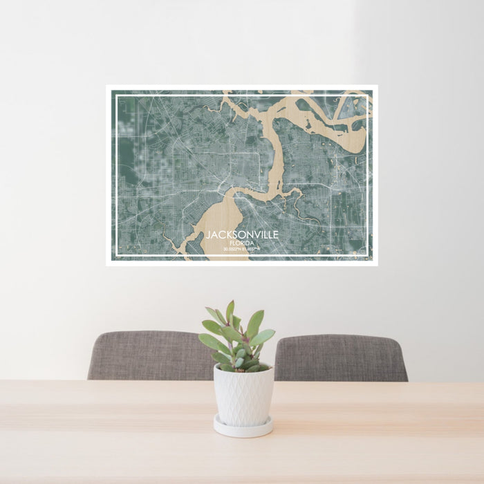 24x36 Jacksonville Florida Map Print Lanscape Orientation in Afternoon Style Behind 2 Chairs Table and Potted Plant