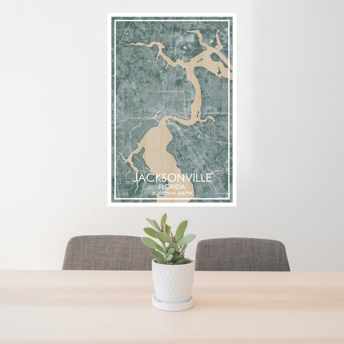 24x36 Jacksonville Florida Map Print Portrait Orientation in Afternoon Style Behind 2 Chairs Table and Potted Plant