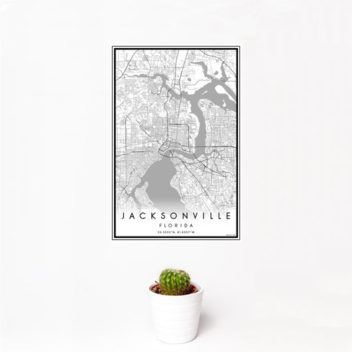 12x18 Jacksonville Florida Map Print Portrait Orientation in Classic Style With Small Cactus Plant in White Planter