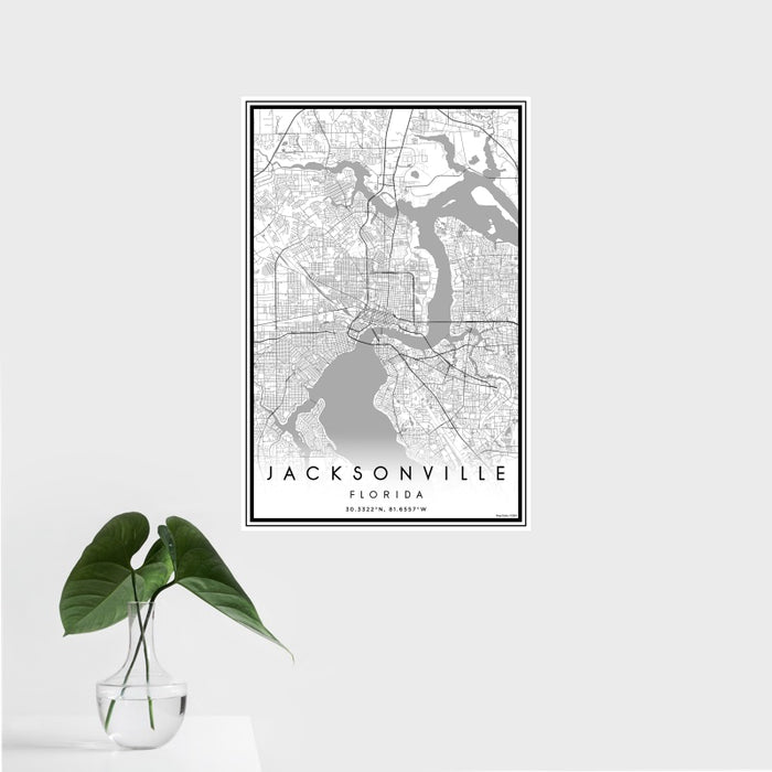 16x24 Jacksonville Florida Map Print Portrait Orientation in Classic Style With Tropical Plant Leaves in Water