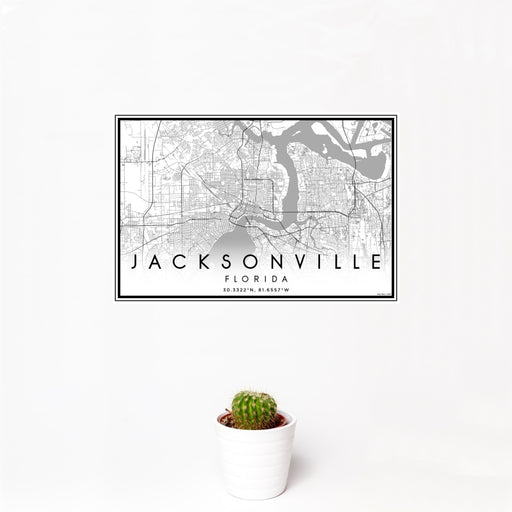 12x18 Jacksonville Florida Map Print Landscape Orientation in Classic Style With Small Cactus Plant in White Planter