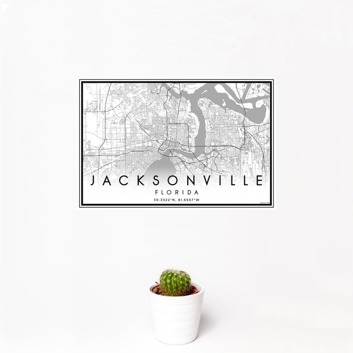 12x18 Jacksonville Florida Map Print Landscape Orientation in Classic Style With Small Cactus Plant in White Planter