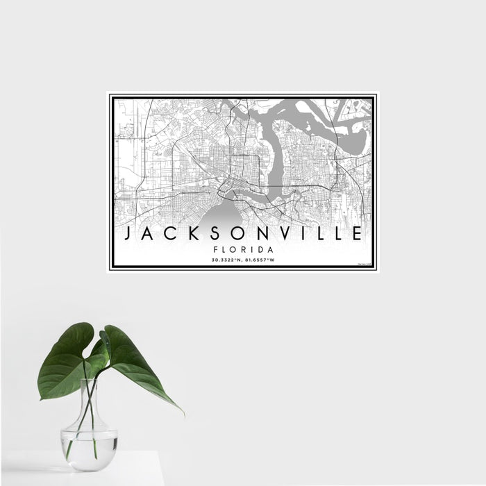 16x24 Jacksonville Florida Map Print Landscape Orientation in Classic Style With Tropical Plant Leaves in Water