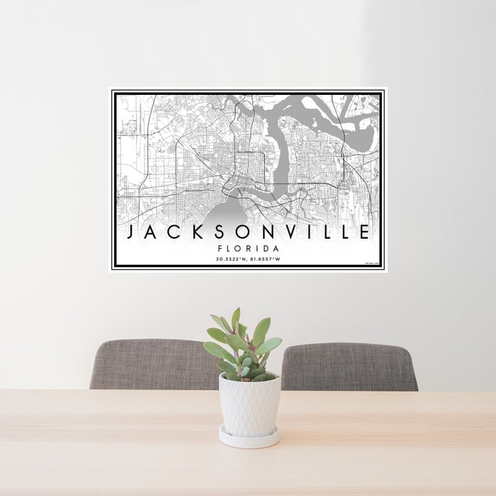 24x36 Jacksonville Florida Map Print Landscape Orientation in Classic Style Behind 2 Chairs Table and Potted Plant