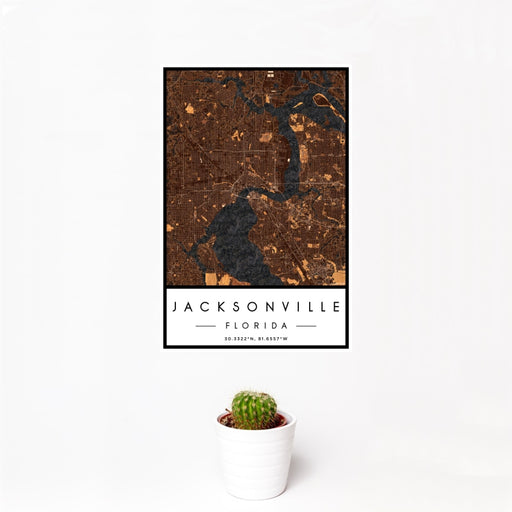 12x18 Jacksonville Florida Map Print Portrait Orientation in Ember Style With Small Cactus Plant in White Planter