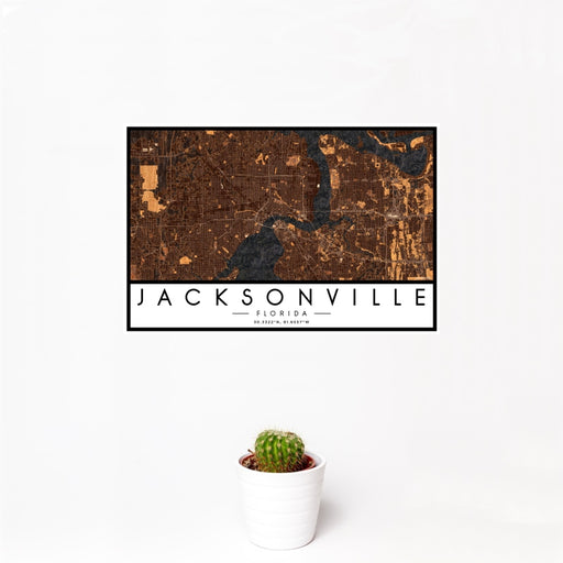 12x18 Jacksonville Florida Map Print Landscape Orientation in Ember Style With Small Cactus Plant in White Planter
