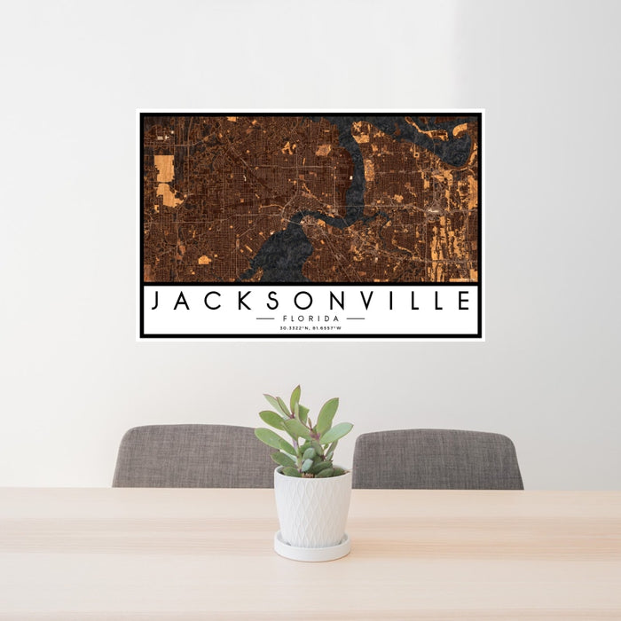 24x36 Jacksonville Florida Map Print Landscape Orientation in Ember Style Behind 2 Chairs Table and Potted Plant