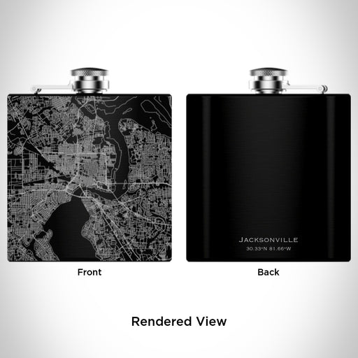 Rendered View of Jacksonville Florida Map Engraving on 6oz Stainless Steel Flask in Black
