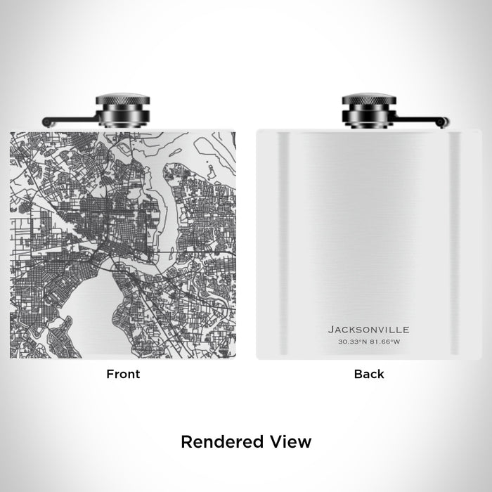 Rendered View of Jacksonville Florida Map Engraving on 6oz Stainless Steel Flask in White