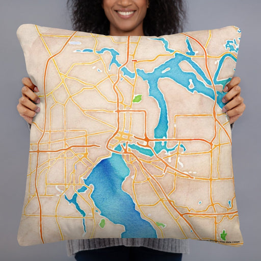 Person holding 22x22 Custom Jacksonville Florida Map Throw Pillow in Watercolor