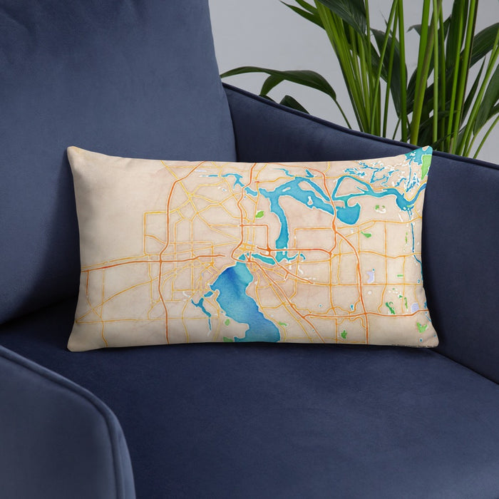 Custom Jacksonville Florida Map Throw Pillow in Watercolor on Blue Colored Chair