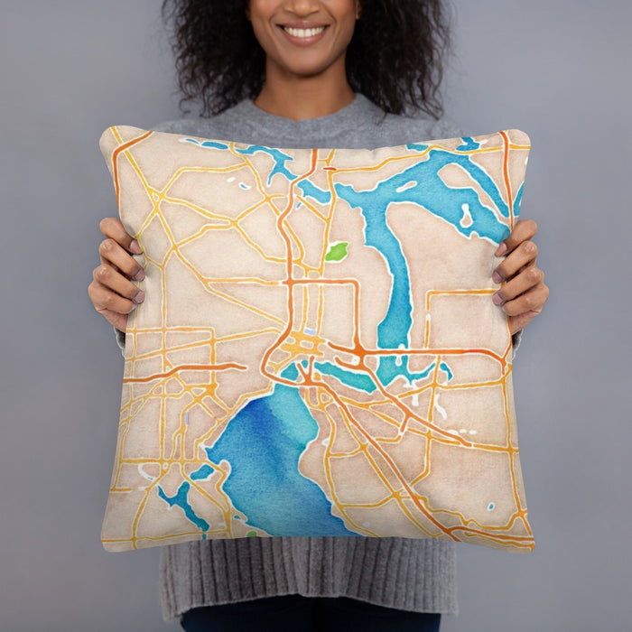 Person holding 18x18 Custom Jacksonville Florida Map Throw Pillow in Watercolor