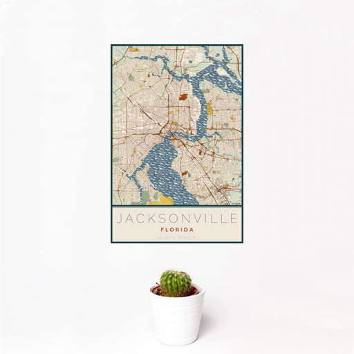 12x18 Jacksonville Florida Map Print Portrait Orientation in Woodblock Style With Small Cactus Plant in White Planter