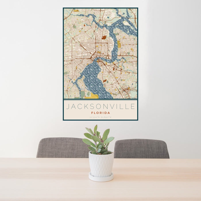 24x36 Jacksonville Florida Map Print Portrait Orientation in Woodblock Style Behind 2 Chairs Table and Potted Plant