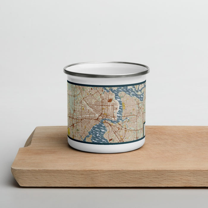 Front View Custom Jacksonville Florida Map Enamel Mug in Woodblock on Cutting Board