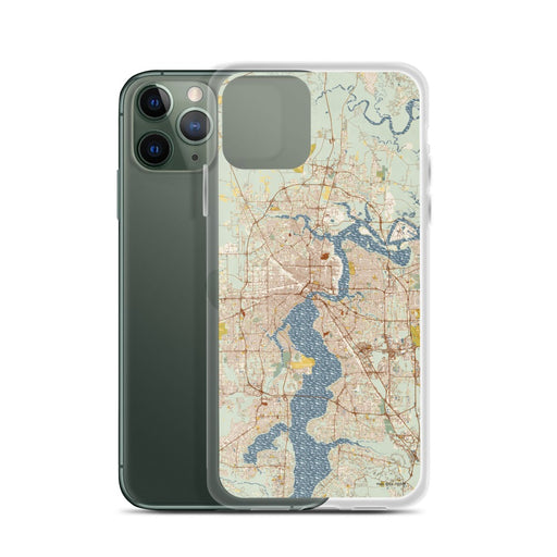 Custom Jacksonville Florida Map Phone Case in Woodblock on Table with Laptop and Plant