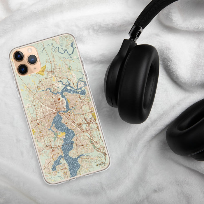 Custom Jacksonville Florida Map Phone Case in Woodblock on Table with Black Headphones