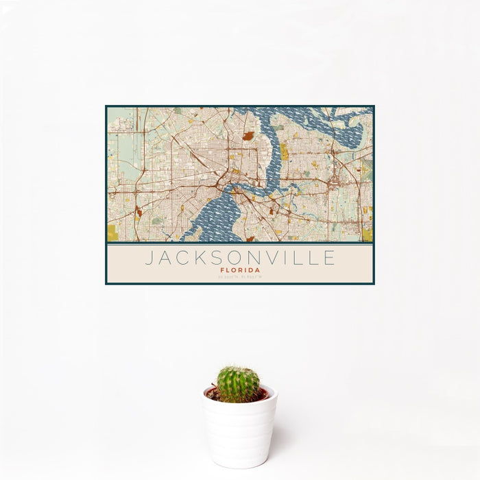 12x18 Jacksonville Florida Map Print Landscape Orientation in Woodblock Style With Small Cactus Plant in White Planter