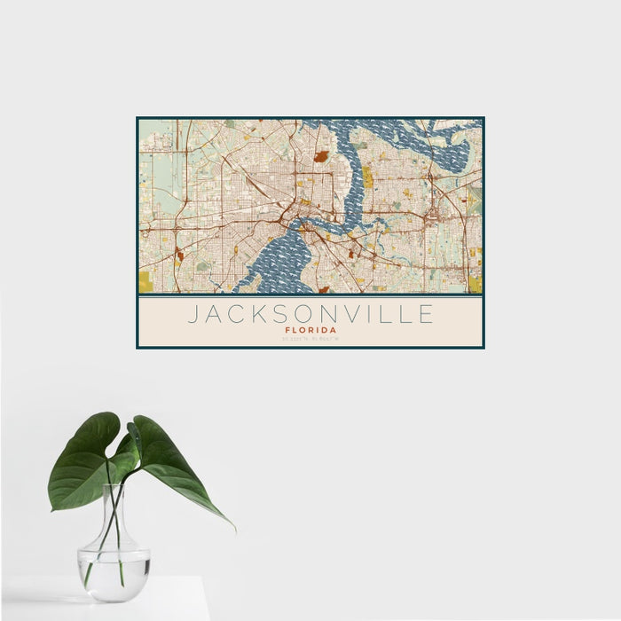 16x24 Jacksonville Florida Map Print Landscape Orientation in Woodblock Style With Tropical Plant Leaves in Water
