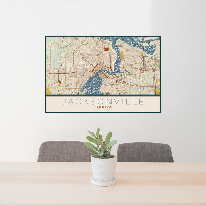 24x36 Jacksonville Florida Map Print Landscape Orientation in Woodblock Style Behind 2 Chairs Table and Potted Plant