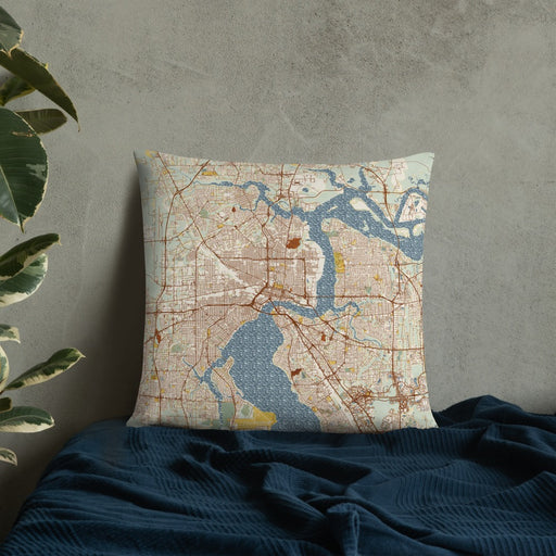 Custom Jacksonville Florida Map Throw Pillow in Woodblock on Bedding Against Wall