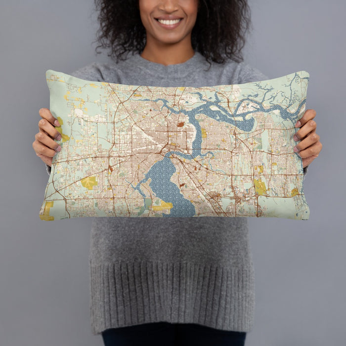 Person holding 20x12 Custom Jacksonville Florida Map Throw Pillow in Woodblock