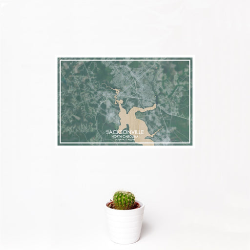12x18 Jacksonville North Carolina Map Print Landscape Orientation in Afternoon Style With Small Cactus Plant in White Planter