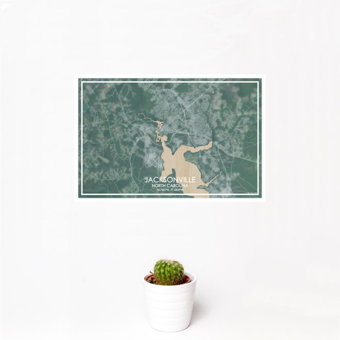 12x18 Jacksonville North Carolina Map Print Landscape Orientation in Afternoon Style With Small Cactus Plant in White Planter