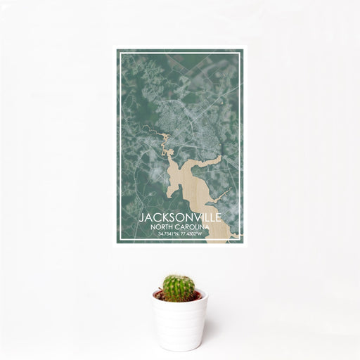 12x18 Jacksonville North Carolina Map Print Portrait Orientation in Afternoon Style With Small Cactus Plant in White Planter