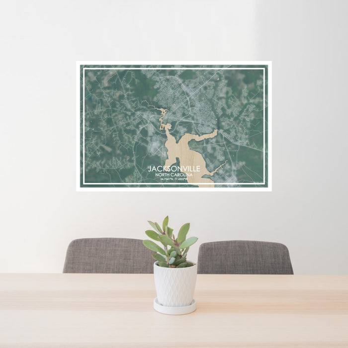 24x36 Jacksonville North Carolina Map Print Lanscape Orientation in Afternoon Style Behind 2 Chairs Table and Potted Plant