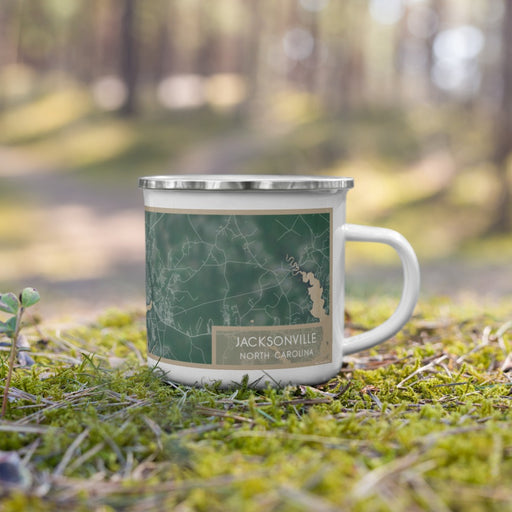 Right View Custom Jacksonville North Carolina Map Enamel Mug in Afternoon on Grass With Trees in Background
