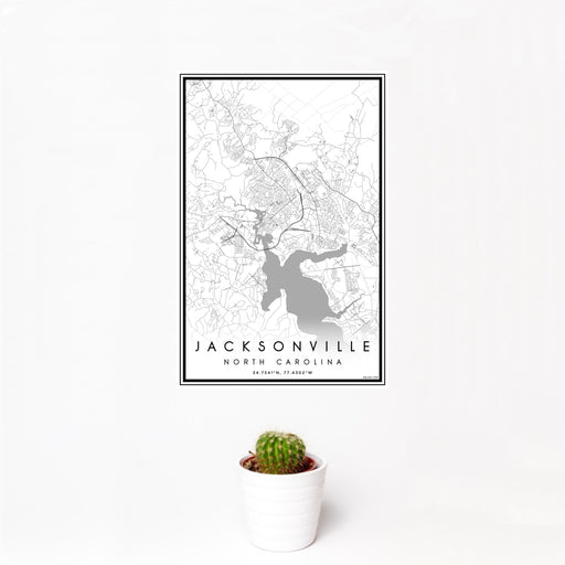 12x18 Jacksonville North Carolina Map Print Portrait Orientation in Classic Style With Small Cactus Plant in White Planter