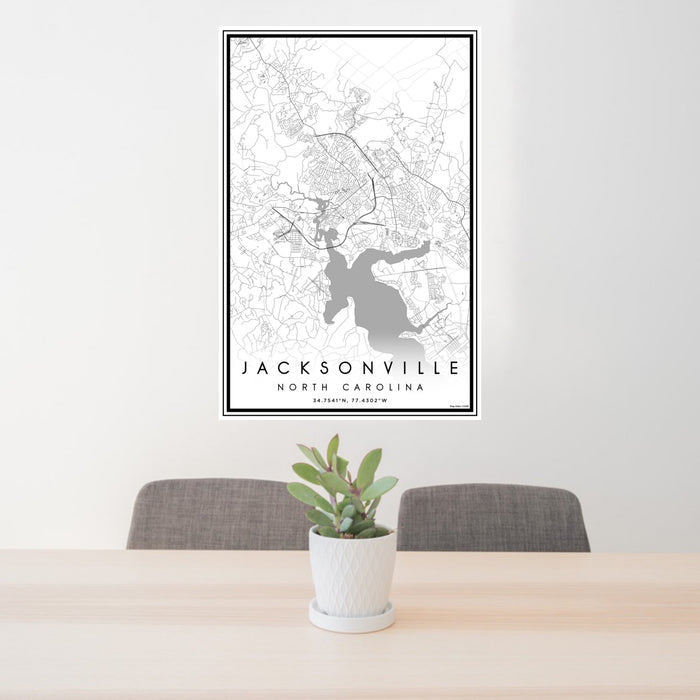 24x36 Jacksonville North Carolina Map Print Portrait Orientation in Classic Style Behind 2 Chairs Table and Potted Plant