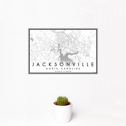 12x18 Jacksonville North Carolina Map Print Landscape Orientation in Classic Style With Small Cactus Plant in White Planter