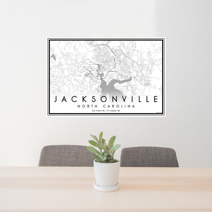 24x36 Jacksonville North Carolina Map Print Landscape Orientation in Classic Style Behind 2 Chairs Table and Potted Plant