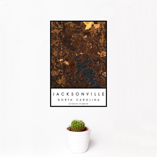 12x18 Jacksonville North Carolina Map Print Portrait Orientation in Ember Style With Small Cactus Plant in White Planter