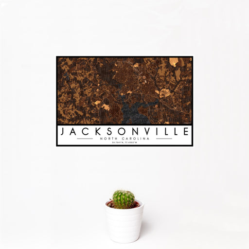 12x18 Jacksonville North Carolina Map Print Landscape Orientation in Ember Style With Small Cactus Plant in White Planter